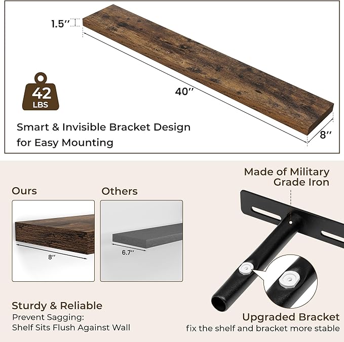 RICHFOCUS 40Inch Floating Shelves for Wall 2 Pack Shelves for Bedroom|Kitchen|Bathroom Wall Mounted Rustic Wood Floating Shelf with Invisible Brackets for Books|Storage|Decor, Rustic Brown-Ruum Studio Home