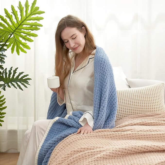 Snuggle Sac Blue Waffle Bedding Blankets Queen Size 90x90 inches, Reversible Microfiber Fluffy Fuzzy Soft Throw Cozy Knit Blanket for Women Mothers Birthday Gifts-Ruum Studio Home