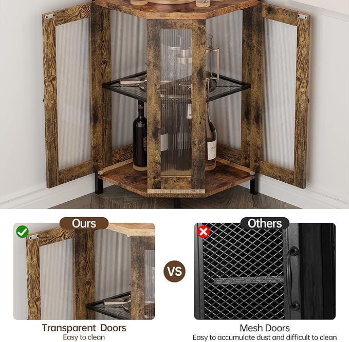 Corner Bar Cabinet with Power Outlet, 5-Tier Corner Wine Cabinet with Led Strip and Glass Holder, Industrial Tall Liquor Cabinet Bar Wine Rack for Home, Rustic Brown-Ruum Studio Home