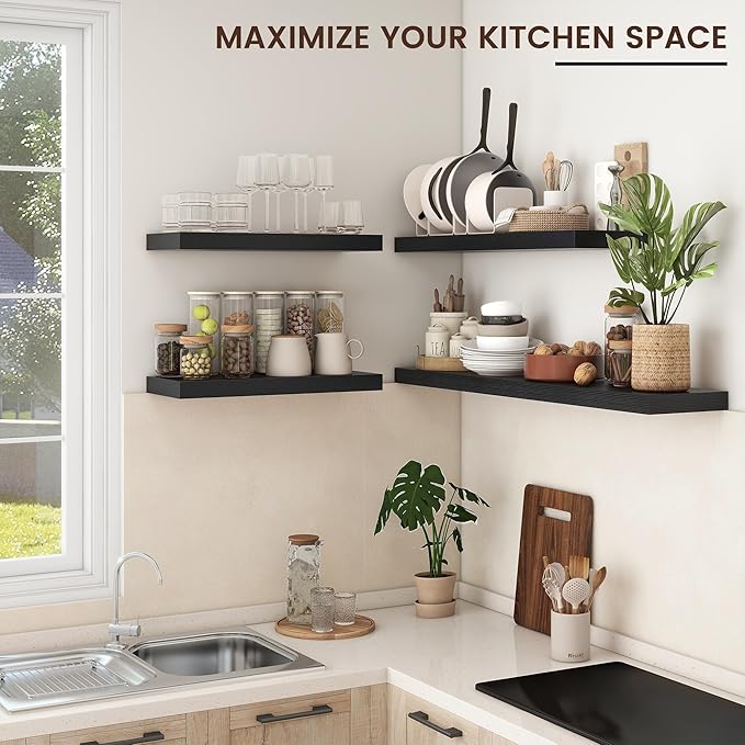 Floating Shelves - 2 Large Wall Mounted Shelves with Invisible Brackets, Long Wood Floating Wall Shelf for Living Room, Bedroom, Kitchen (Black, 48" W x 9" D x 1.5" H)-Ruum Studio Home