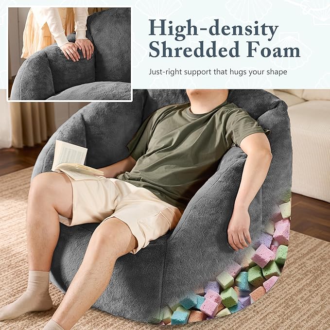 Giant Bean Bag Chair for Adults - Comfy Plush Round Shell Soft Accent Chair, Oversized Cozy Lounge Floor Sofa Reading Chair, Mini Couch for Living Room, Bedroom & Game Rooms, Gray-Ruum Studio Home