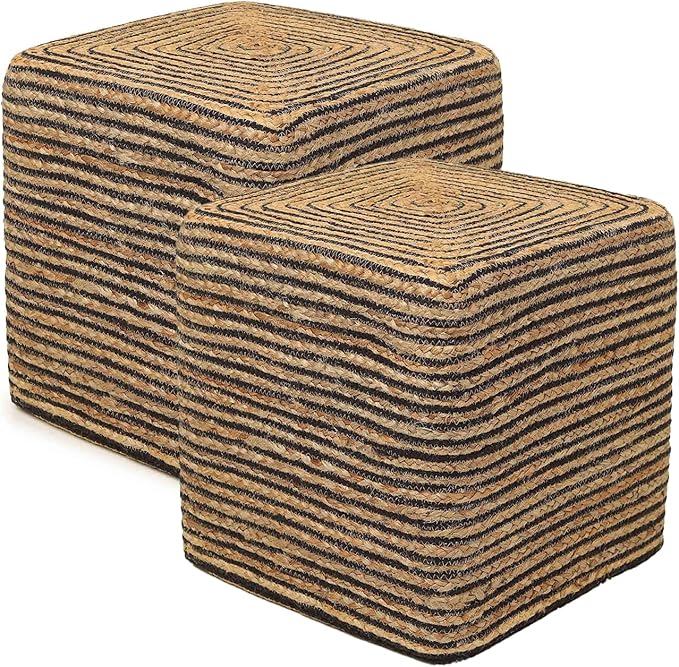 REDEARTH · Cube Pouf Foot Stool Ottoman - Jute Braided Pouffe Poof Accent Sitting Footrest for The Living Room, Bedroom, Nursery, Lounge 50% Jute 50% Cotton Set of 2 (14.5”x14.5”x16”; Natural Black)-Ruum Studio Home