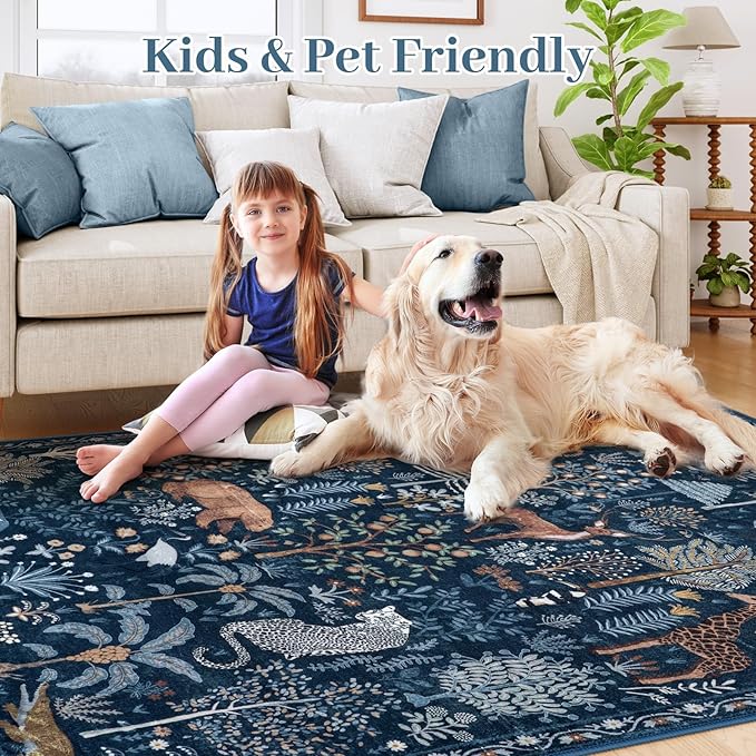 OJIA Jungle Print Blue 5x7 Rugs for Living Room, Soft Ultra-Thin Washable Area Rugs for Bedroom Non-Slip Modern Entryway Rug Non Shedding Indoor Carpet Kids Rugs for Playroom Nursery Classroom-Ruum Studio Home
