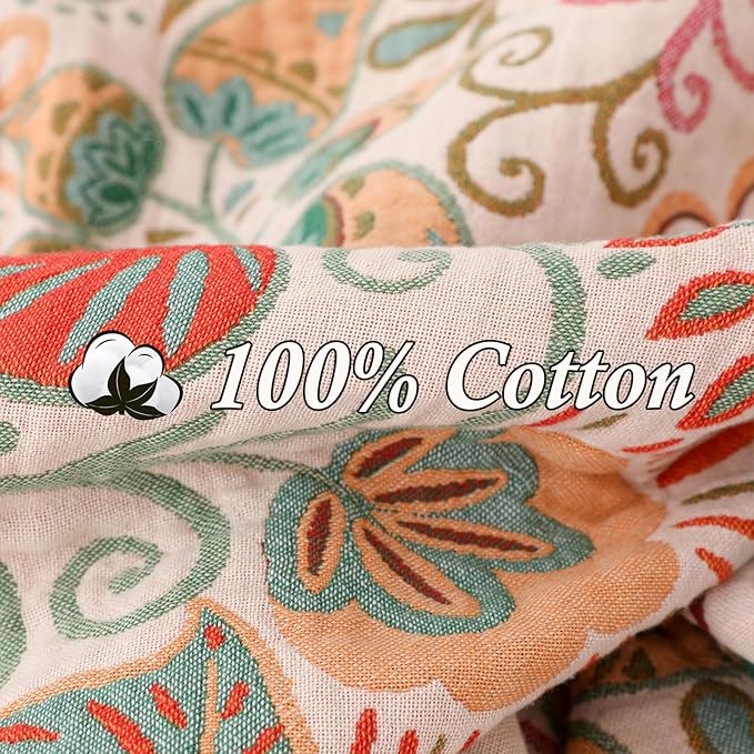 Snycler Cotton Bed Throw with Tassels, Double-Sided Bohemian Spring Flowers Plants Throws for Sofas, 80x90 inch Woven Warm Blanket for Single Sofa, Bedspread and Settee Couch Travel Green-Ruum Studio Home