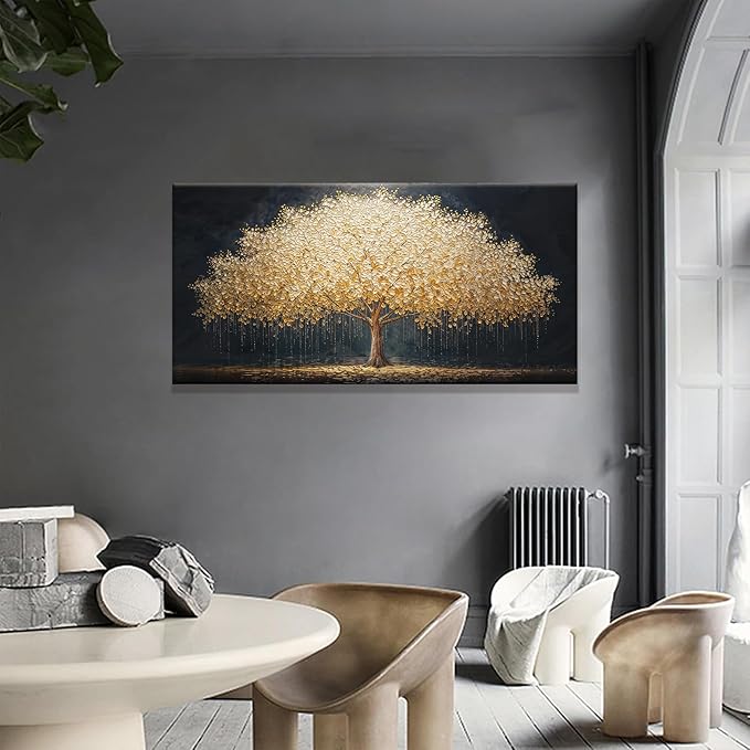 Wall Art Gold Tree Of Life Modern Wall Art Artwork Canvas Art Wall Decor Painting Gold Tree Pictures Abstract Wall Decor For Living Room Bedroom Dining Room Home Office Artwork Ready To Hang 24"X 48"-Ruum Studio Home
