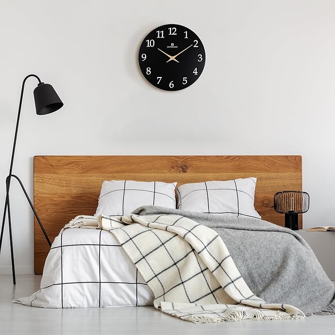 Lafocuse 12 Inch Silent Black Wall Clock Battery Operated for Living Room Decor, Simple Minimalist Wooden Wall Clock for Kitchen Bedroom Office-Ruum Studio Home