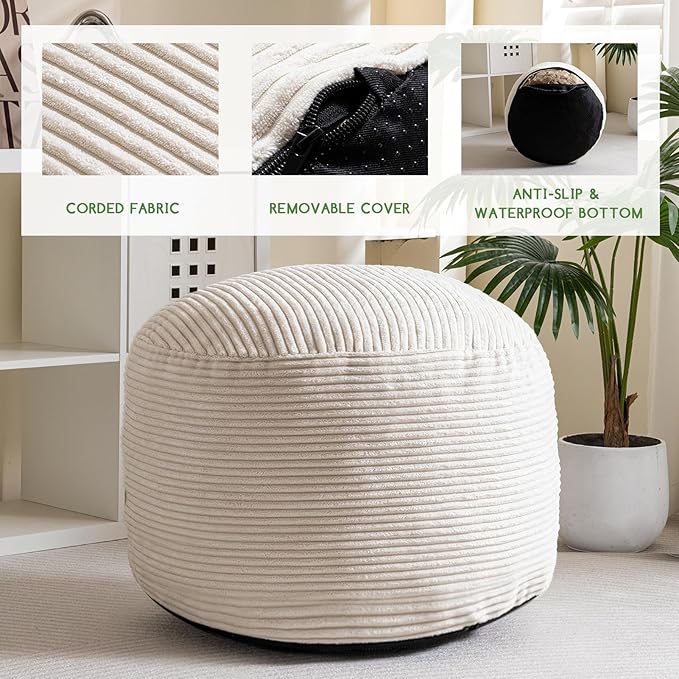 HIGOGOGO Round Stuffed Pouf Ottoman, Corduroy Poufs with Foam Chunk Filling, Furry and Fluffy Pouf Foot Stool Storage Ottoman, 26 X 18 Floor Poufs Foot Rest for Living Room, Beige-Ruum Studio Home