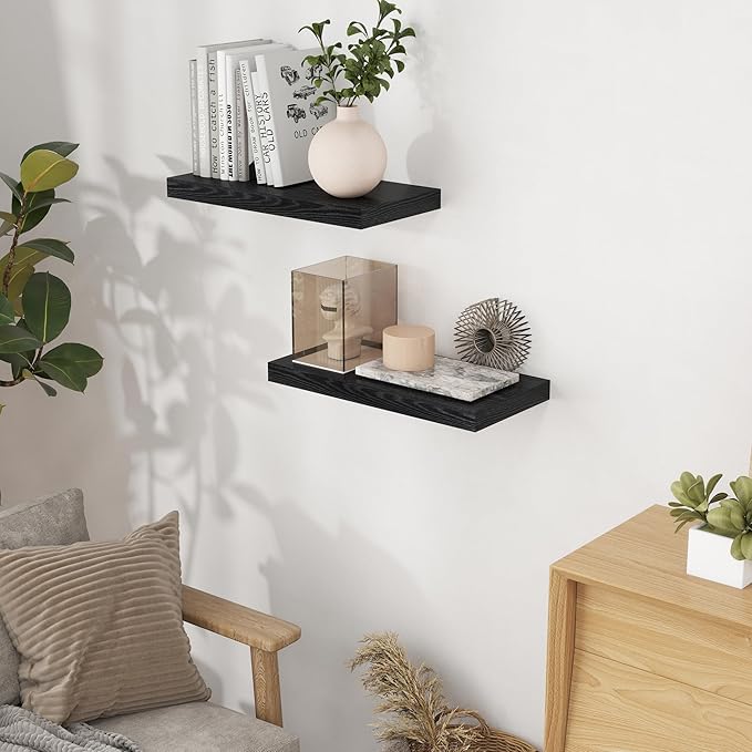 Fun Memories Black Floating Shelves 16 Inch Long, 9 Inch Deep Wall Shelf for Bathroom, 16 x 9 Floating Shelf for Living Room, Bedroom, Kitchen, Rustic Wood Shelves for Wall, Set of 2-Ruum Studio Home