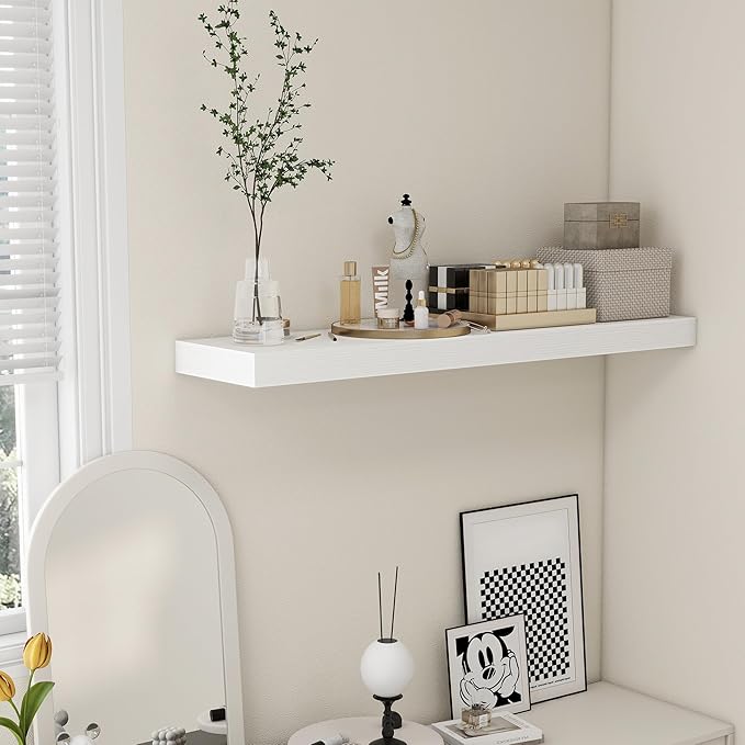 White Floating Shelves for Wall - 48 Inch Wide x 12 Inch Deep Wall Shelves Set of 1 - Rustic Wood Shelves for Living Room, Bathroom, Laundry Room, Bedroom, Kitchen, Home Office-Ruum Studio Home