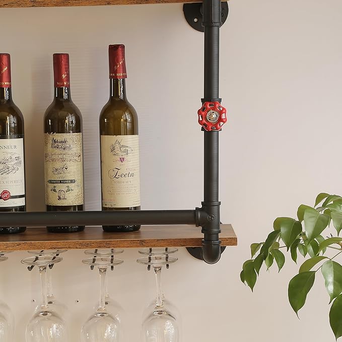 41 Inch Wine Rack Wall Mounted 2 Tier, Hanging Floating Bar Liquor Shelves with Glass Holder Storage Under, Industrial Rustic Pipe Farmhouse Kitchen Decor Black-Ruum Studio Home