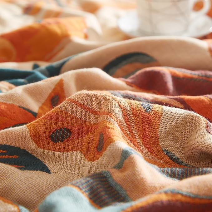 Boho Throw Blanket for Couch Sofa Bed, 100% Cotton Woven Quilt with Tassel 80”x90”, Super Soft Muslin Blanket with Floral Printed, Decorative Reversible Bed Blanket/Cover for All Seasons-Ruum Studio Home