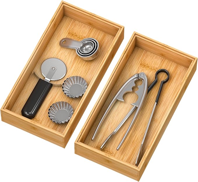 Bamboo Kitchen Drawer Organizer,Stackable Silverware Tray Utensil Organizer Cutlery Holder for Kitchen,Wooden Storage Box for Bathroom, Multi-Use Drawer Organizer for Office,Makeup(12x6x2.5 inch）-Ruum Studio Home