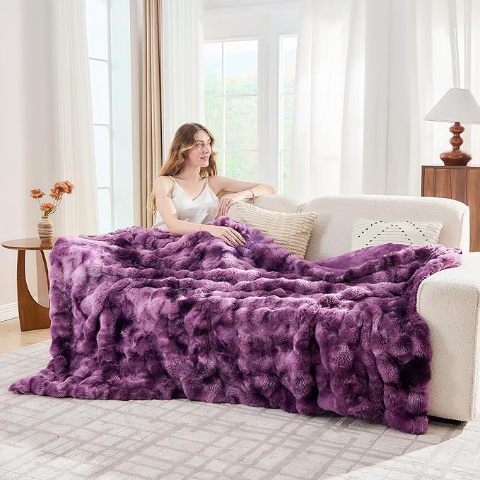 Lotus Karen Faux Fur Throw Blanket Tie-dye Violet - Big Bubble Rabbit Fluff Blanket for Couch Bed Sofa,Softest Fluffy Fuzzy Cozy Blanket,Thick Furry Plush Shaggy Warm Blankets for Women,90x90 Inches-Ruum Studio Home