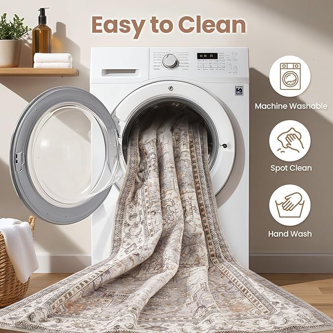 Washable Area Rugs for Living Room - 9x12 Neutral Vintage Distressed Floral Farmhouse Boho Large Soft Floor Rug Indoor Non Slip Carpet for Bedroom Dining Room Office - Grey Brown-Ruum Studio Home