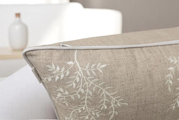 VAGMINE Embroidered Leaves Throw Pillow Cover - 20x20 Inches Square - 100% Linen Natural Throw Pillowcase - Elegant Neutral Leaf Design - Minimalist Rustic Home Accent for Sofa, Bed, Couch, Lounge-Ruum Studio Home