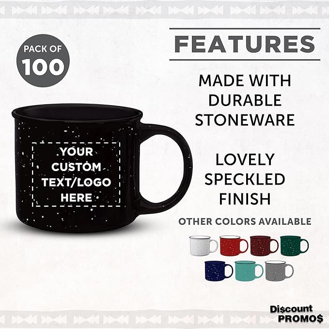 DISCOUNT PROMOS Custom Ceramic Campfire Coffee Mugs 13 oz. Set of 100, Personalized Bulk Pack - Perfect for Tea, Espresso, Cappuccino, Hot Cocoa - Black-Ruum Studio Home