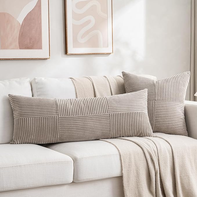 Fancy Homi Set of 2 Neutral Taupe Boho Long Lumbar Body Decorative Throw Pillow Cover 14x36 Inch for Bed Couch Bedroom Bench, Soft Patchwork Corduroy Textured Pillow Case, Farmhouse Room Decor-Ruum Studio Home
