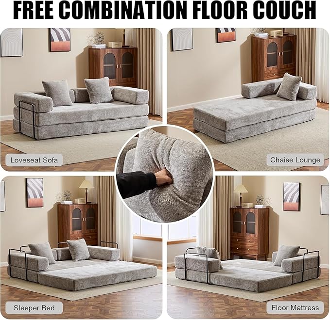 Convertible Sleeper Sofa Bed, Compression Folding Sofa with Pillow, No Assembly Required, Shape Frame, Floor Sofas Lounge Couchs for Living Room, Bedroom, Small Spaces(Chenille, 77''W, Light Grey)-Ruum Studio Home