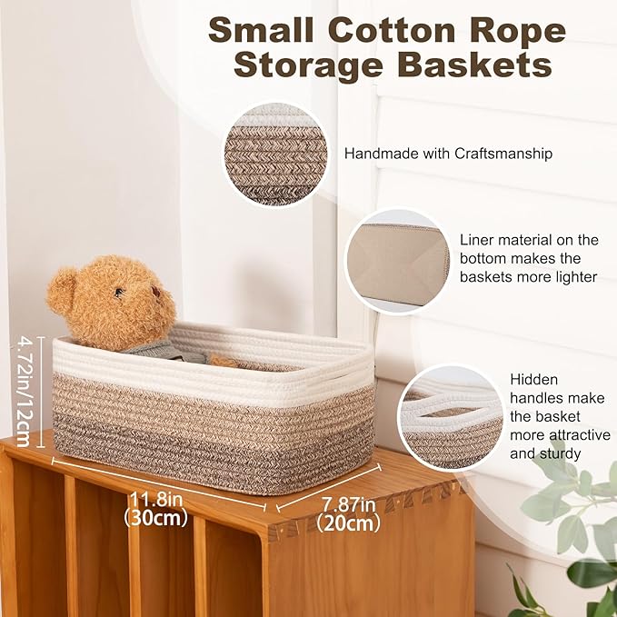 3 Pack Small Storage Baskets for Organizing, Cute Woven Decorative Gift Baskets for Shelves, Mini Closet Organizer Bins with Handles, 11.81''Lx7.87''Wx4.72''H-Brown White-Ruum Studio Home