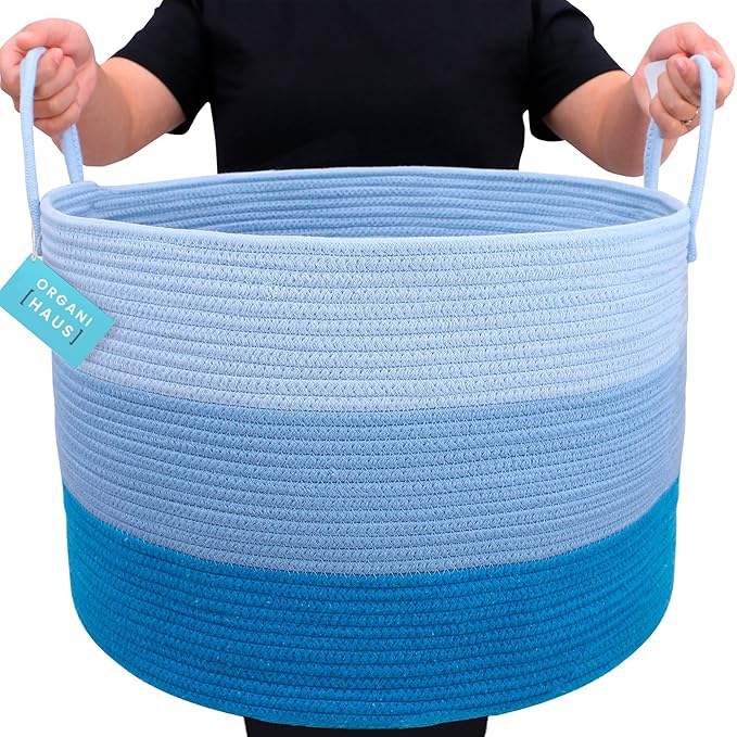 OrganiHaus Toy Storage Basket for Kids, Large Cotton Rope Organizer Bin for Nursery, Toy Box, Blanket Holder, Baby Hamper for Living Room, Soft & Washable, 20x13 inches - Blue-Ruum Studio Home