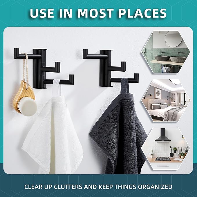 Angle Simple Swivel Towel Hooks for Bathroom, SUS 304 Stainless Steel Foldable 3 Arms Robe Towel Holder, Shower Wall Coat Hooks, Matte Black, 2 Pack-Ruum Studio Home