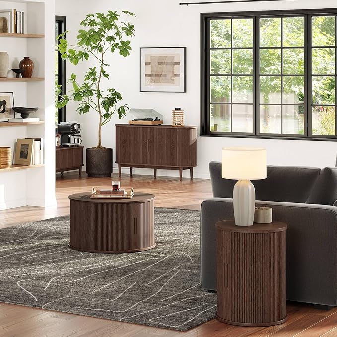 LINSY HOME Round Fluted End Table, Tall Side Table with Sliding Tambour Door and Storage Shelf, Modern Bedside Table, Mid-Century Nightstand for Living Room, Bedroom, Walnut-Ruum Studio Home