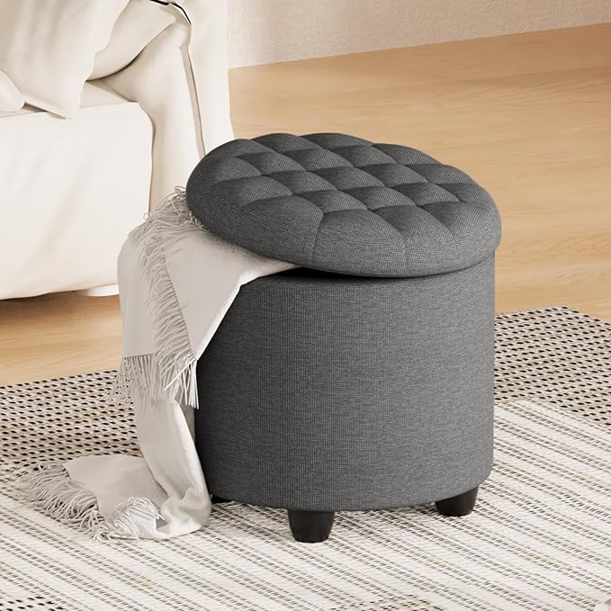 Furniliving 18.7inch Storage Round Ottoman, Footstools with Hidden Storage with Removable Lid, Stylish Button Tufted Design Ottoman Foot Stools for Living Room, Bedroom，Darkgrey-Ruum Studio Home