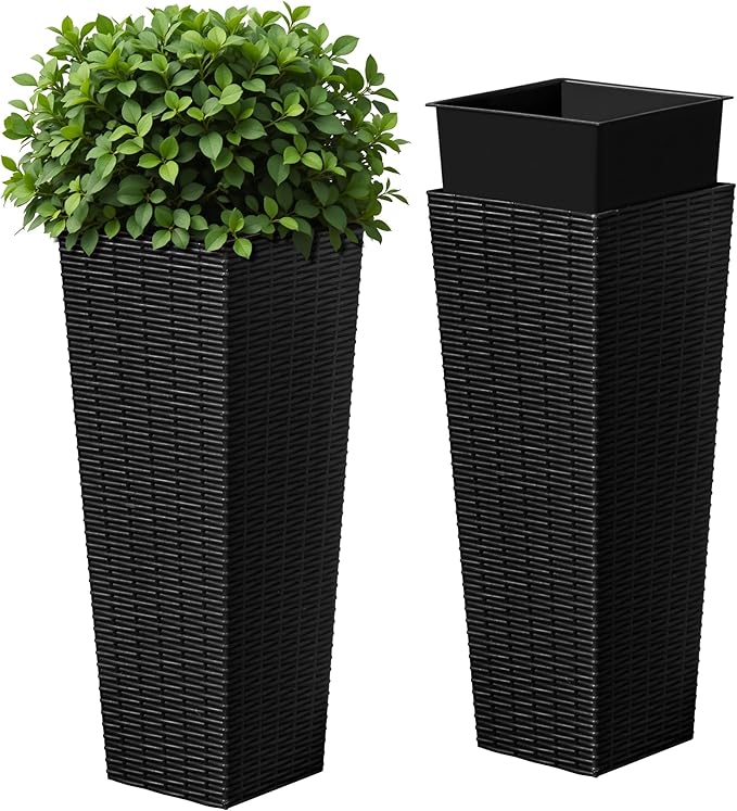 Devoko Resin Tall Planters for Outdoor Plants Set of 2, Large Taper Outdoor Planter Pots with 4 Drainage Holes, Flower Pots Modern Decor for Porch, Patio, Backyard, Home Garden (Black, 24")-Ruum Studio Home