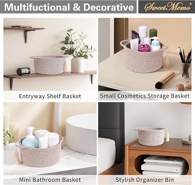 Empty Gift Basket – SweetMemo Mini Woven Rope Organizer Baskets for Gifting, Baby Shower, Desk, Makeup Brushes, Bathroom, Shelves – Small Decorative Storage Bin with Gift Bag & Ribbon – Warm Brown-Ruum Studio Home