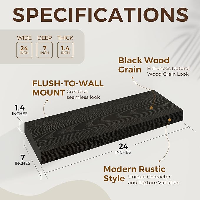 24 inch Floating Shelves Long Floating Shelves for Wall Large Wall Mounted Shelves with Invisible Brackets, Black Shelves for Bathroom, Living Room, Kitchen, Office, 24x6.7 inch deep Set of 2-Ruum Studio Home