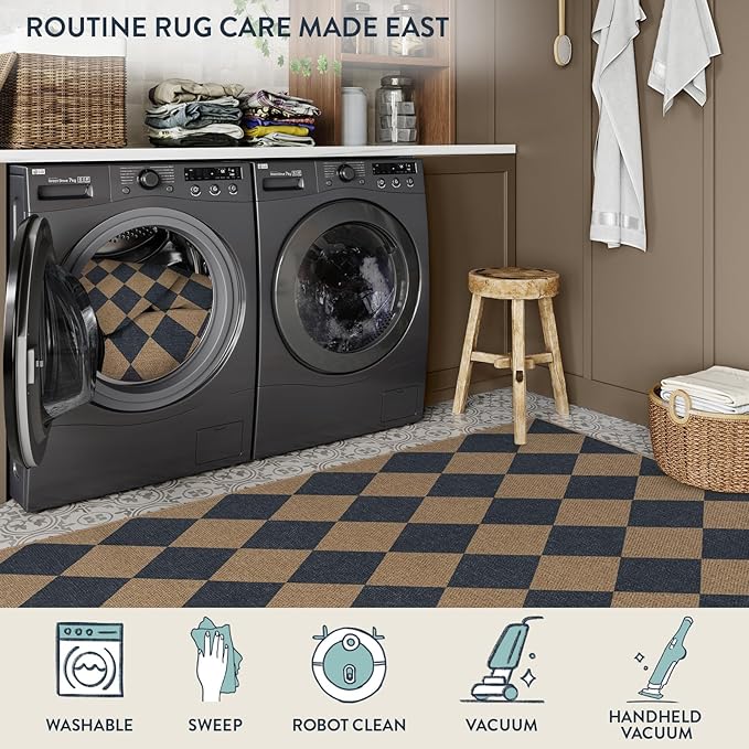 Lahome Checkered Easy Jute Entryway Rug, 3x5 Washable Area Rugs for Living Room Outdoor Patio, Non Slip Blue Indoor Door Mat Checkerboard Throw Carpet for Entry Front Door Guestroom Deck-Ruum Studio Home