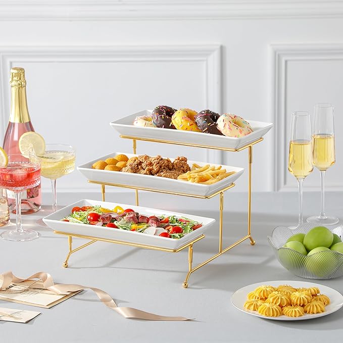 MALACASA 3 Tier Serving Trays for Party, 12 Inch Porcelain White Trays for Serving Food, Dessert Stand with Collapsible Gold Metal Rack-Ruum Studio Home