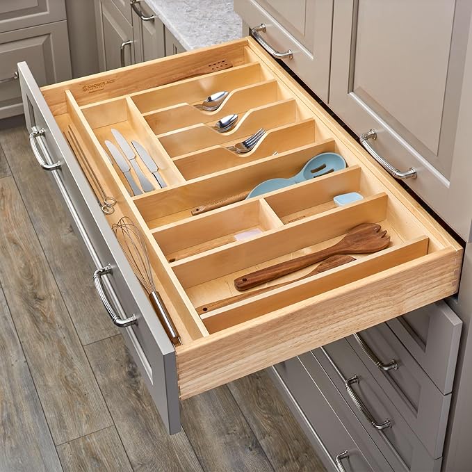 Rev-A-Shelf Trim-to-Fit Silverware Drawer Organizer For Kitchen Utensils, Cutlery Cabinet Storage Divider Insert, 33" x 22", Maple Wood, 4WUTCT-36-1-Ruum Studio Home