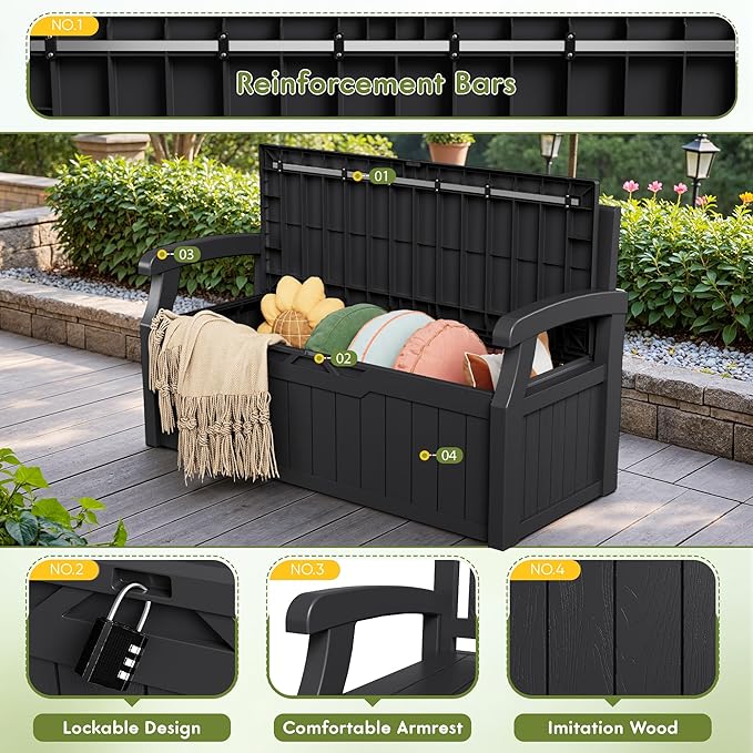 Greesum 80 Gallon Storage Bench Outdoor Deck Box with Armrest, Patio Furniture,Lockable, Waterproof and UV Resistant, Suitable for Garden, Pool, Black-Ruum Studio Home