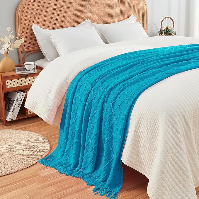inhand Teal Throw Blanket for Couch and Bed, Soft Living Room Home Decor Knitted Twin Size Blanket, Outdoor Lightweight Breathable Summer Blanket, Farmhouse Warm Woven Decorative, 60"x80"-Ruum Studio Home