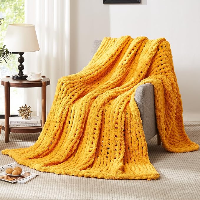 L'AGRATY Chunky Knit Blanket Throw - Soft Chunky Throw Blanket 30x40: 100% Hand Kintted Chenile Crochet Throw Blanket for Couch - Large Cable Knit Chunky Blanket for Home Decor(Mustard Yellow)-Ruum Studio Home