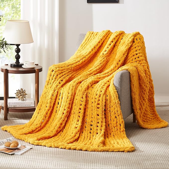 L'AGRATY Chunky Knit Throw Blanket - 40x50: 100% Hand-Knitted Chenile Crochet Blanket For Home Decor (Mustard Yellow)-Ruum Studio Home