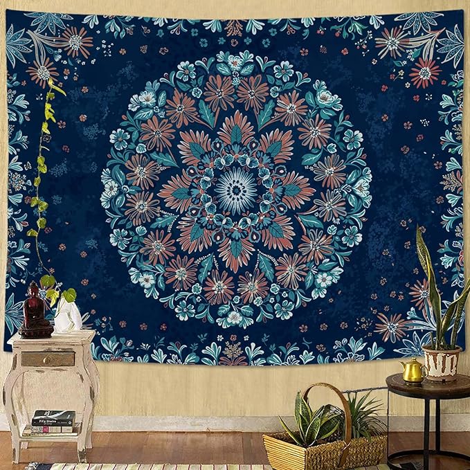 Fowocu Boho Floral Mandala Tapestry Wall Hanging Blue Bohemian Flower Medallion Tapestry Aesthetic Vintage Navy Hippie Indian Small Tapestries for Bedroom Living Room Dorm Decor 60 x 44 Inch-Ruum Studio Home