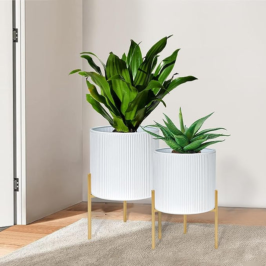 ARNIS Modern Plant Pots, Set of 2 Round Large Planters with Stand, Large Size Metal Pots with Drainage Holes for Living Room, Office, Garden or Balcony, 10.5 &12.25 Inch, White & Gold-Ruum Studio Home