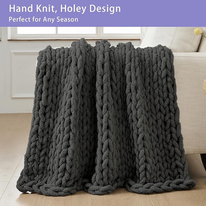 Bigacogo Chunky Knit Throw Blanket for Couch, 40x80 inches, 100% Hand Knitted with Thick Jumbo Chenille Yarn, Cozy Soft Large Rope Knot Cable Crochet Blankets for Sofa Bed Living Room, Dark Grey-Ruum Studio Home
