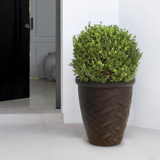 Worth Garden 2-Pack 16" Large Round Planter - Weave Pattern Lightweight Plastic Plant Pot 16" x 17.5" for Indoor Outdoor Use - Decorative Containers for Front Porch Home Yard Deck Patio - Dark Brown-Ruum Studio Home