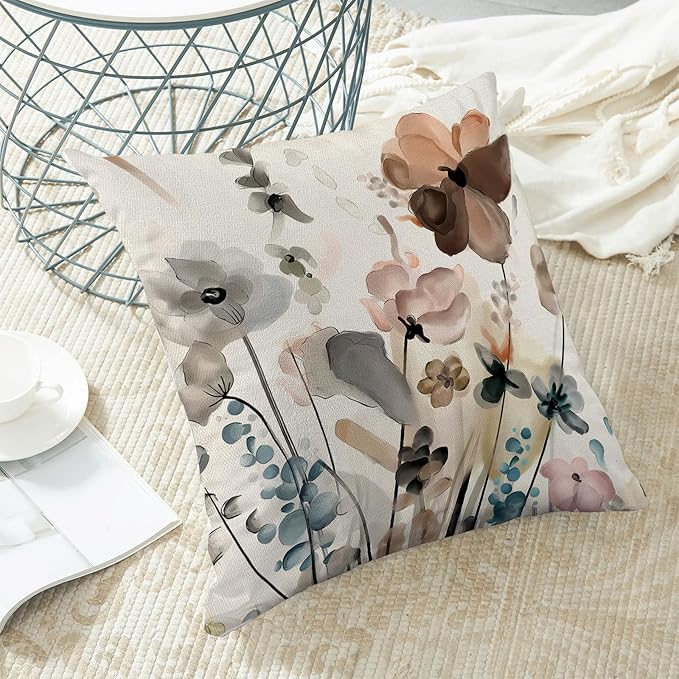 CXMEIFLY Spring Floral Pillow Covers 18 x 18 Inch Set of 2 for Watercolor Flowers Decor Throw Pillows Teal Brown Leaves Plant Floral Outdoor Decorative Cushion Cases for Couch Bed Decorations-Ruum Studio Home