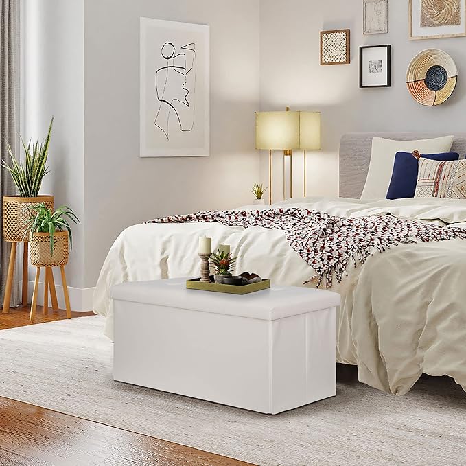 SUPER DEAL Folding Storage Ottoman Bench, Waterproof Faux Leather Ottoman Padded Seat Footrest Bench for Living Room, Bedroom, Entryway, Small Spaces, 15 x 30 x 15 inches, Creamy White-Ruum Studio Home