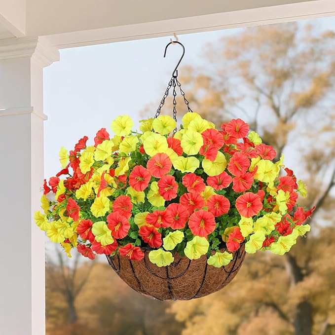 Artificial Fall Flowers Fake Hanging Plants Flowers Basket for Outdoors Autumn Decoration, Silk Morning Glory with Eucalyptus Look Real UV Resistant Faux Flowers for Outside Porch Patio Balcony, Mix-Ruum Studio Home