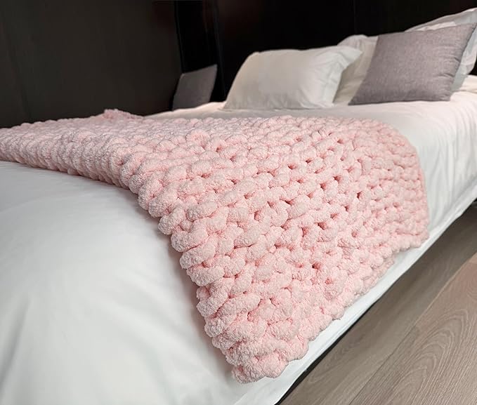 Chunky Knit Blanket Throw 40"x60", Chenille Throw Blankets, Handmade Warm & Cozy Blanket Couch Bed Home Decor, Soft Breathable Fleece Banket, Christmas for Couch Bed Sofa Best Gift (Pink)-Ruum Studio Home