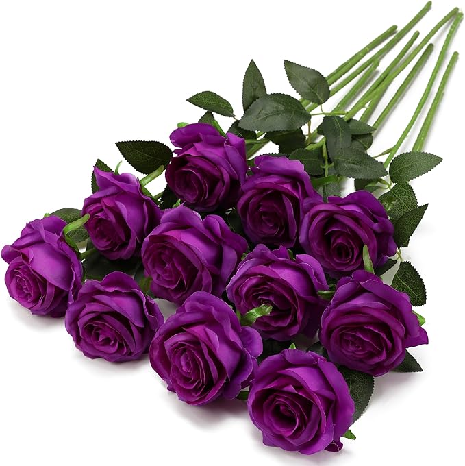 Purple Fake Roses Artificial Flowers - 10 Pcs Fake Artificial Roses Silk Flowers with Stems for Home Wedding Hotel Office Centerpiece Decor-Ruum Studio Home