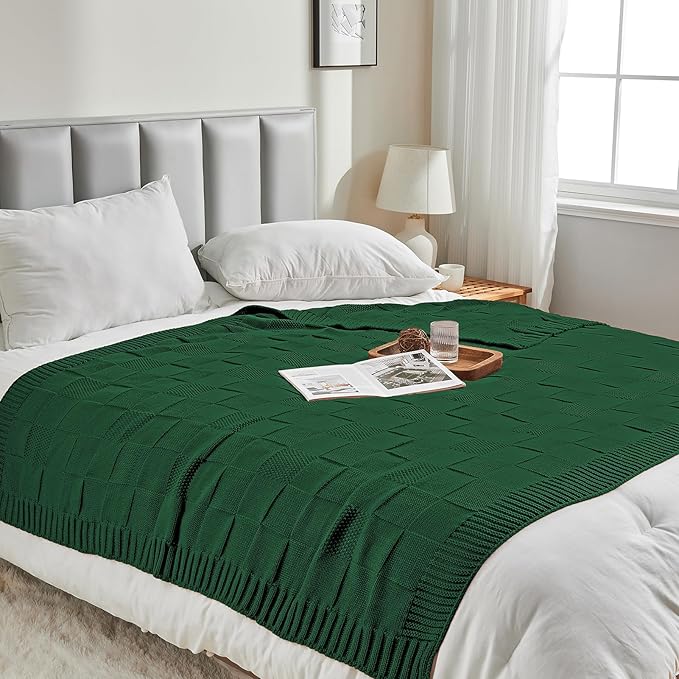 CozeCube Knit Throw Blanket, Green Checkered Throw for Couch, Soft Cozy Warm Knitted Blanket for Bed Sofa Living Room, 60"X80", Forest Green-Ruum Studio Home