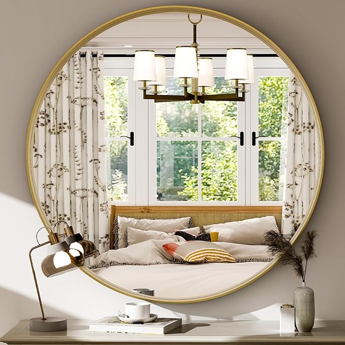 24 Inch Round Bathroom Mirror - Wall Mounted Circle Mirror with Metal Frame, Modern Mirror Suitable for Bathroom, Vanity, Entryway, Living Room, Wall Decor,Gold-Ruum Studio Home