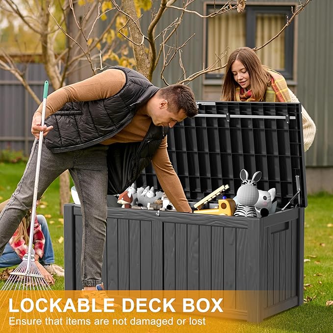 120 Gallon Deck Box,Resin Outdoor Storage Box with Lockable for Patio Furniture, Pool Accessories, Garden Tools Waterproof Outside Storage Box, Black-Ruum Studio Home