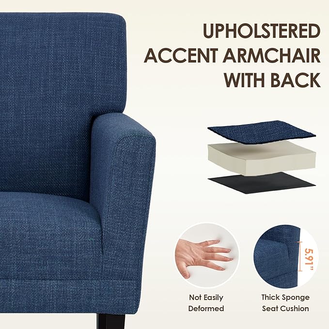 COLAMY Modern Accent Chair for Living Room, Upholstered Fabric Accent Armchair with Back, Soft Single Sofa Chair with Arms for Bedroom/Office/Reception Room, Blue-Ruum Studio Home